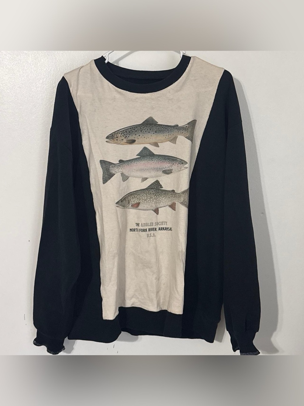 Handmade Upcycled Trout Fishing Sweatshirt XL Patchwork Angler Society Arkansas